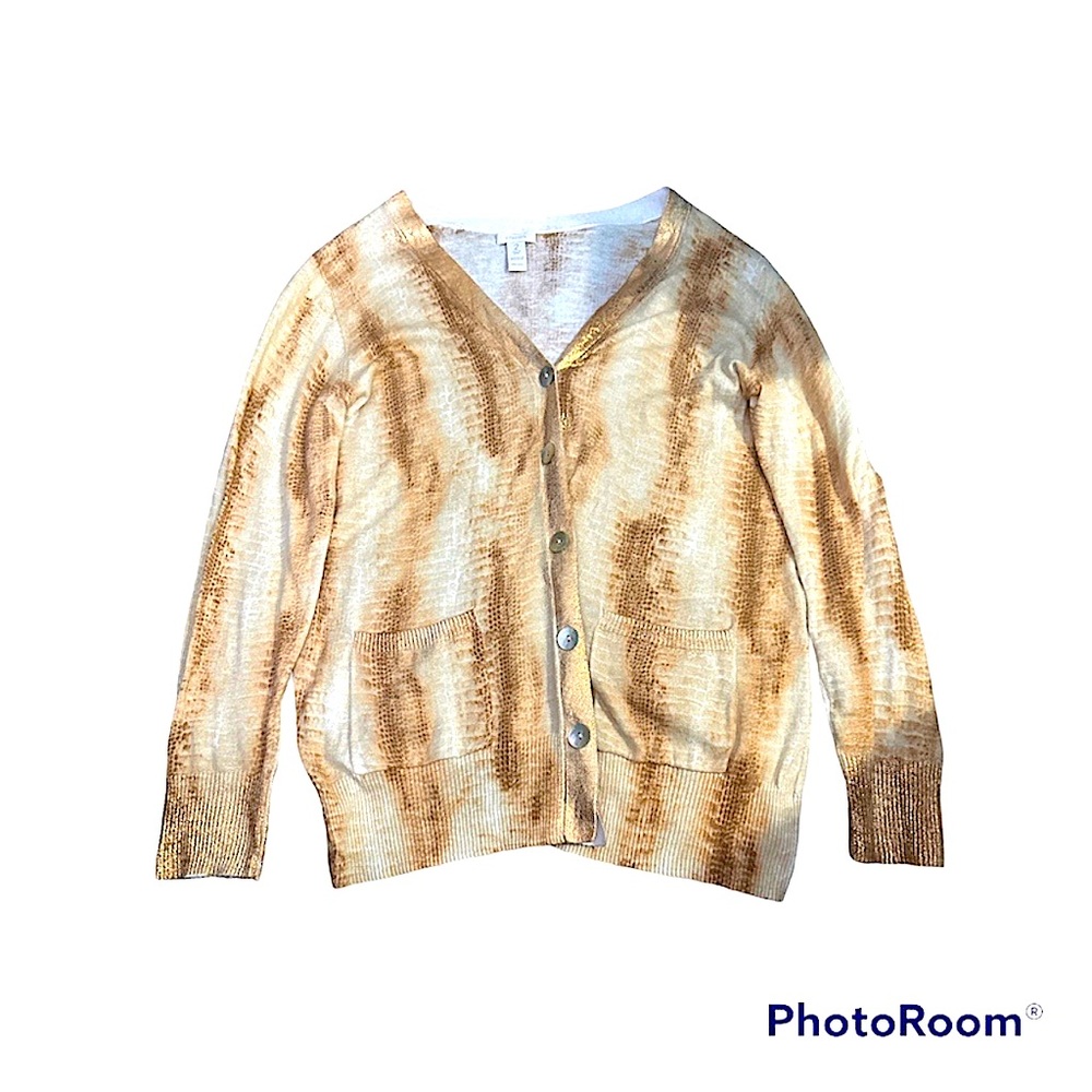 Womens Chico’s Cardigan V-Neck Sweater Button Up Gold/Tan/White Size 2